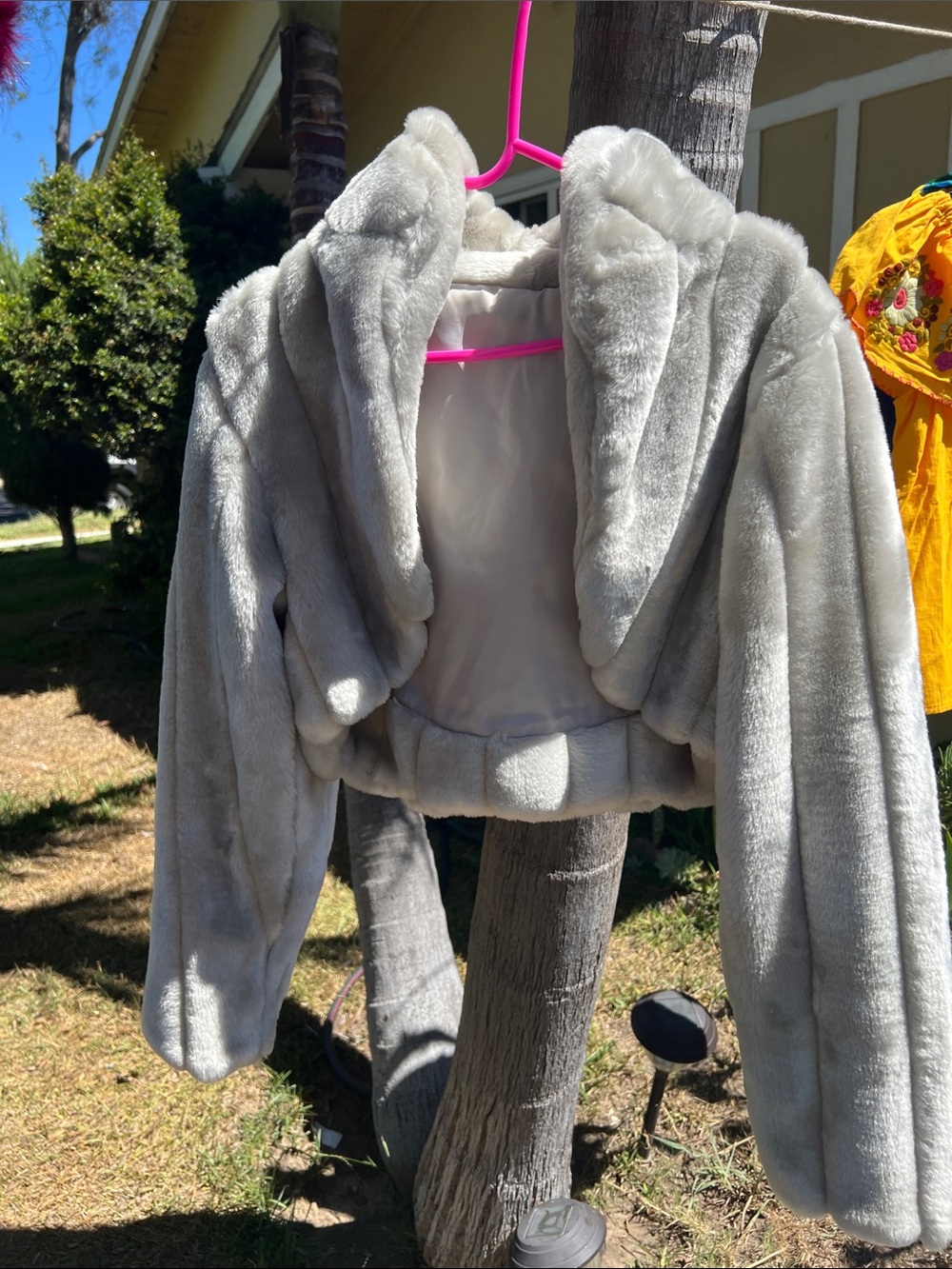 Girls' Plush Hooded Crop Jacket - Light Gray